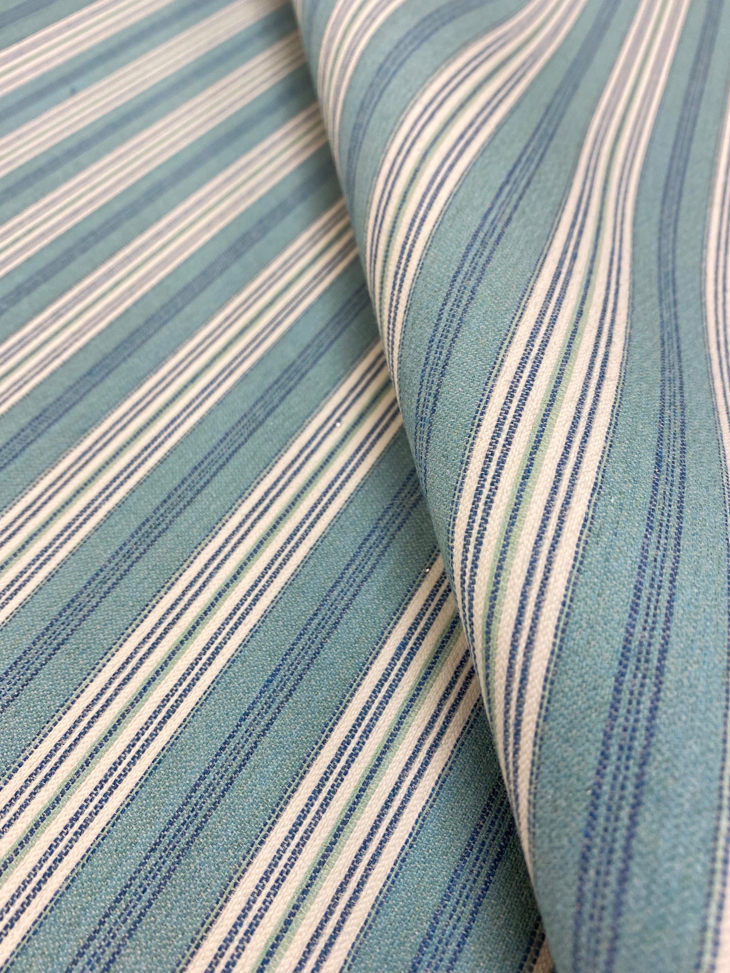 2.8 Yards of 58 Wide Designer Water & Stain Resistant Indoor Outdoor Aqua Blue Cream Navy Nautical Stripe Upholstery Fabric WHS 3263