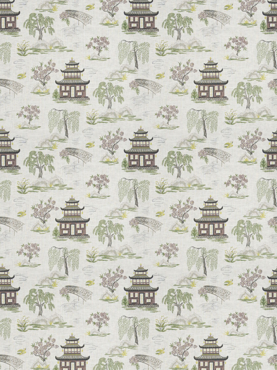 3 Colorways Linen Cotton Chinoiserie Asian Pagoda Drapery Fabric Red Beige Cream Blue