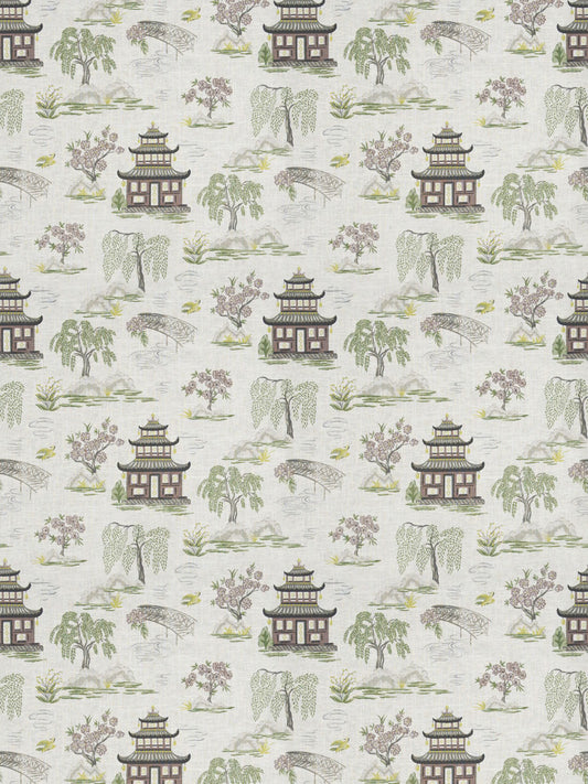 3 Colorways Linen Cotton Chinoiserie Asian Pagoda Drapery Fabric Red Beige Cream Blue